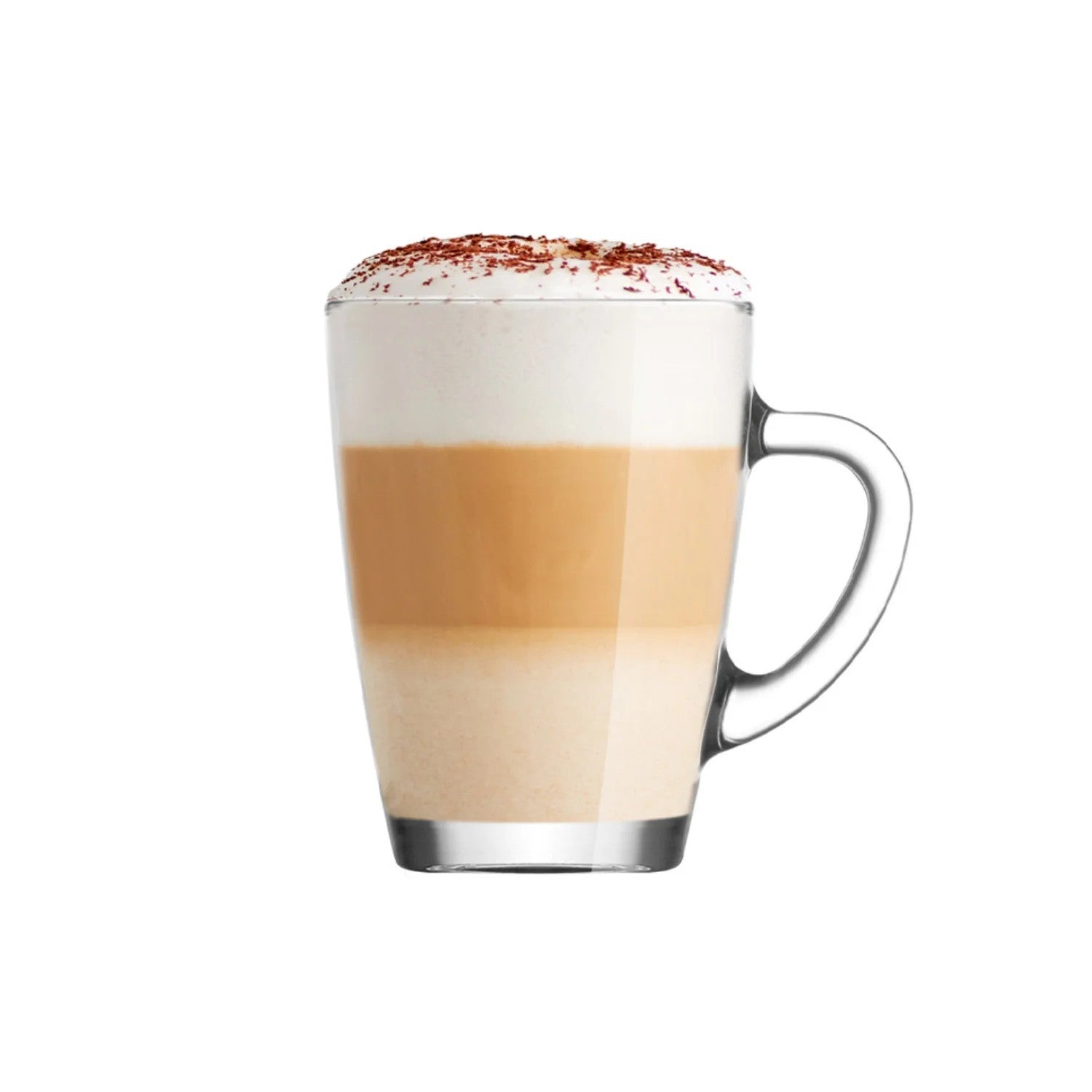 Glass mug with layered coffee drink on a white background