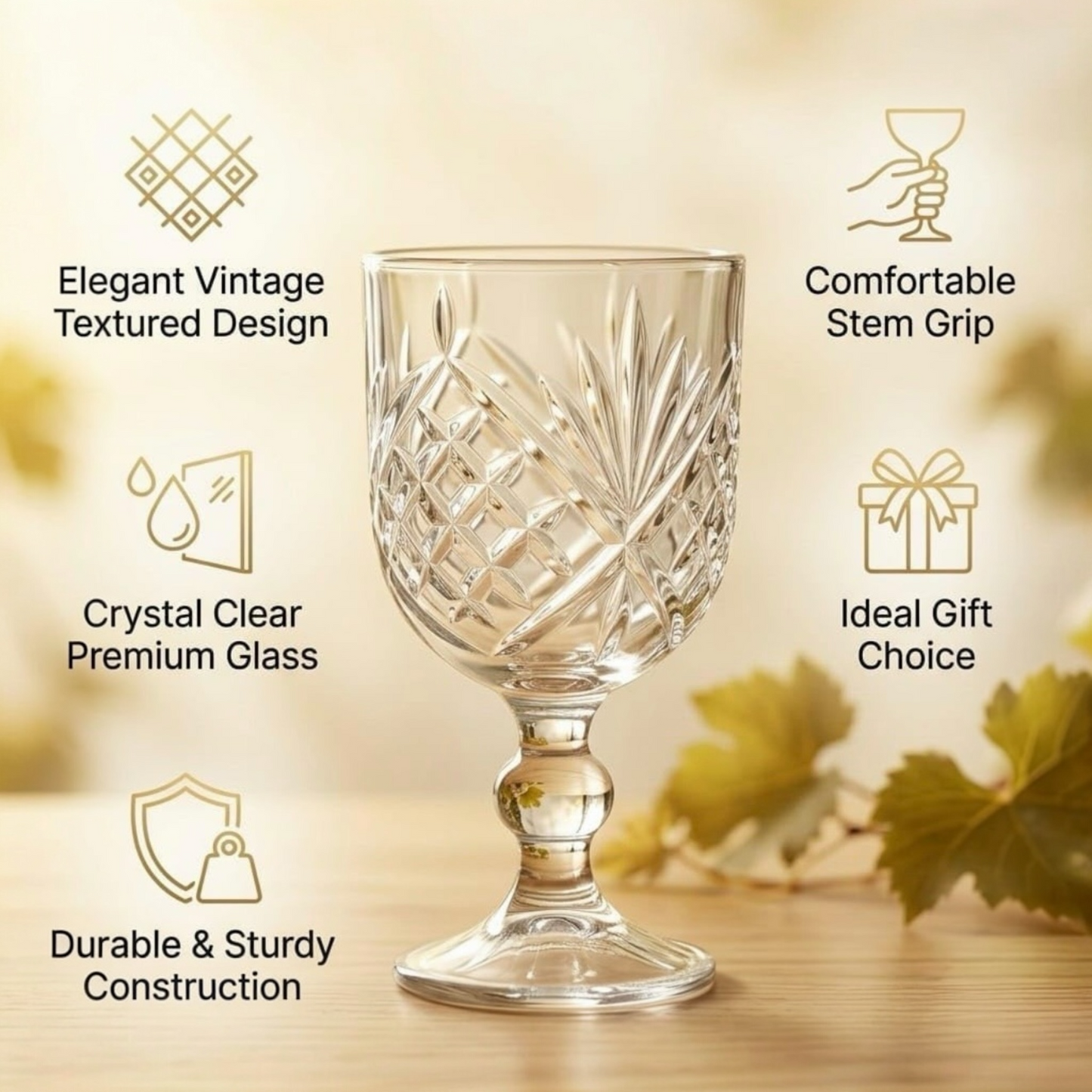 Crystal-Cut Vintage Wine Goblets 320ml — Set of 6