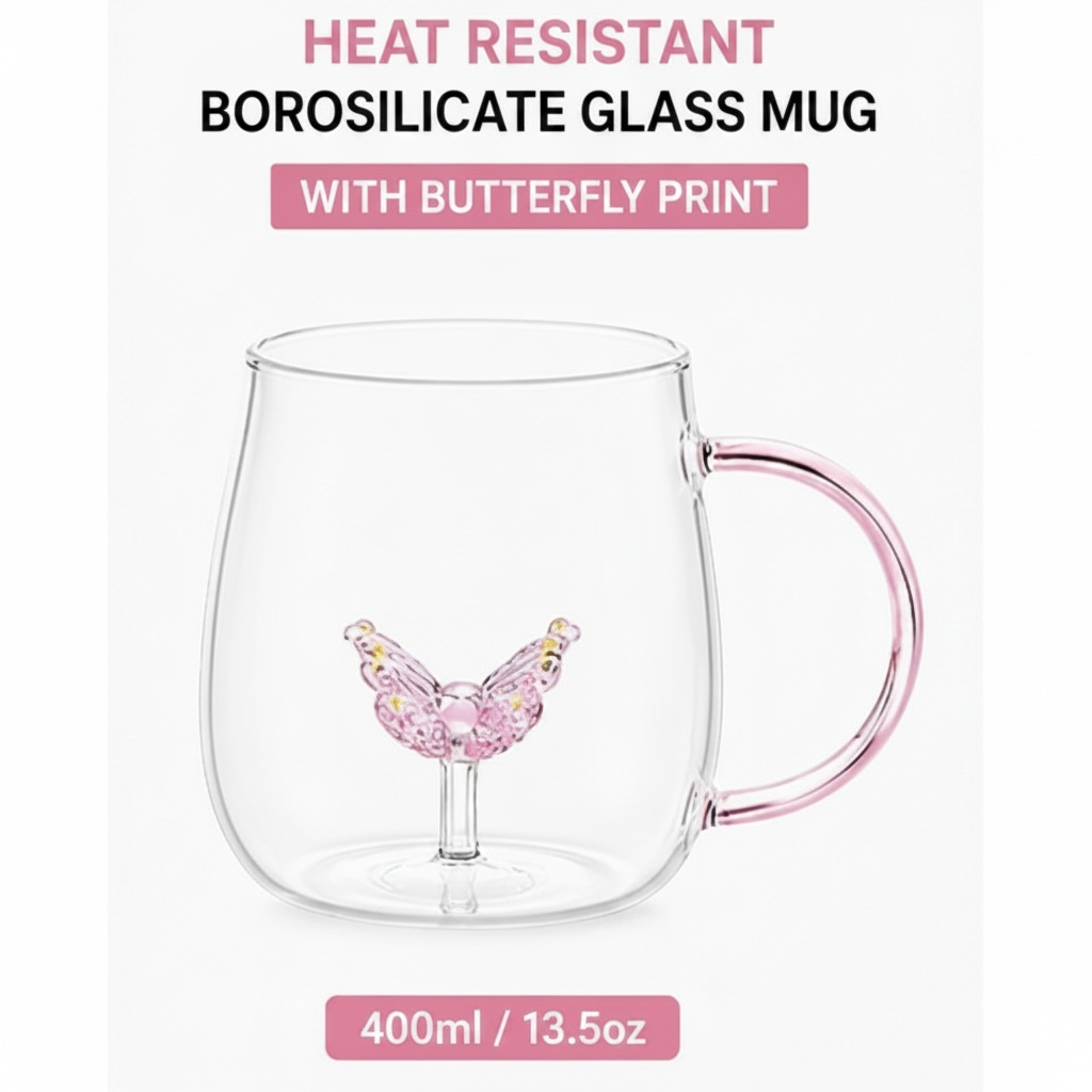 Butterfly Borosilicate Glass Mug 13.5 oz - 1Piece