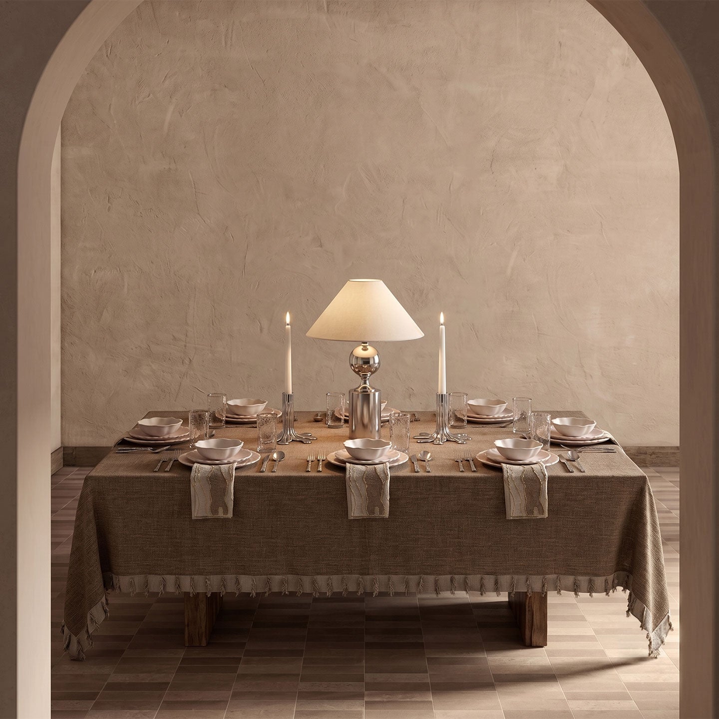 Loomé Home Mocha Fringe Tablecloth – Textured, 200 x 300 cm