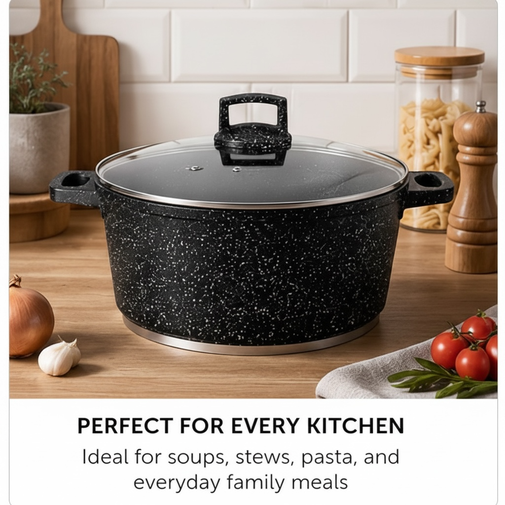 Die-Cast Granite Casserole Pot with Glass Lid – 28cm, 6.5L