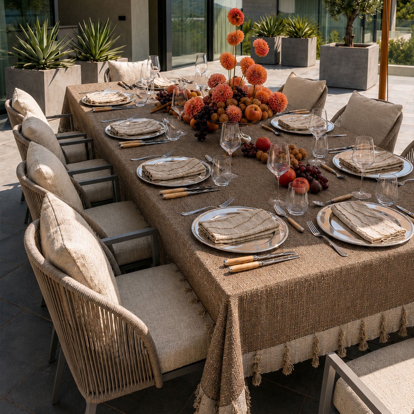 Loomé Home Mocha Fringe Tablecloth – Textured, 200 x 300 cm