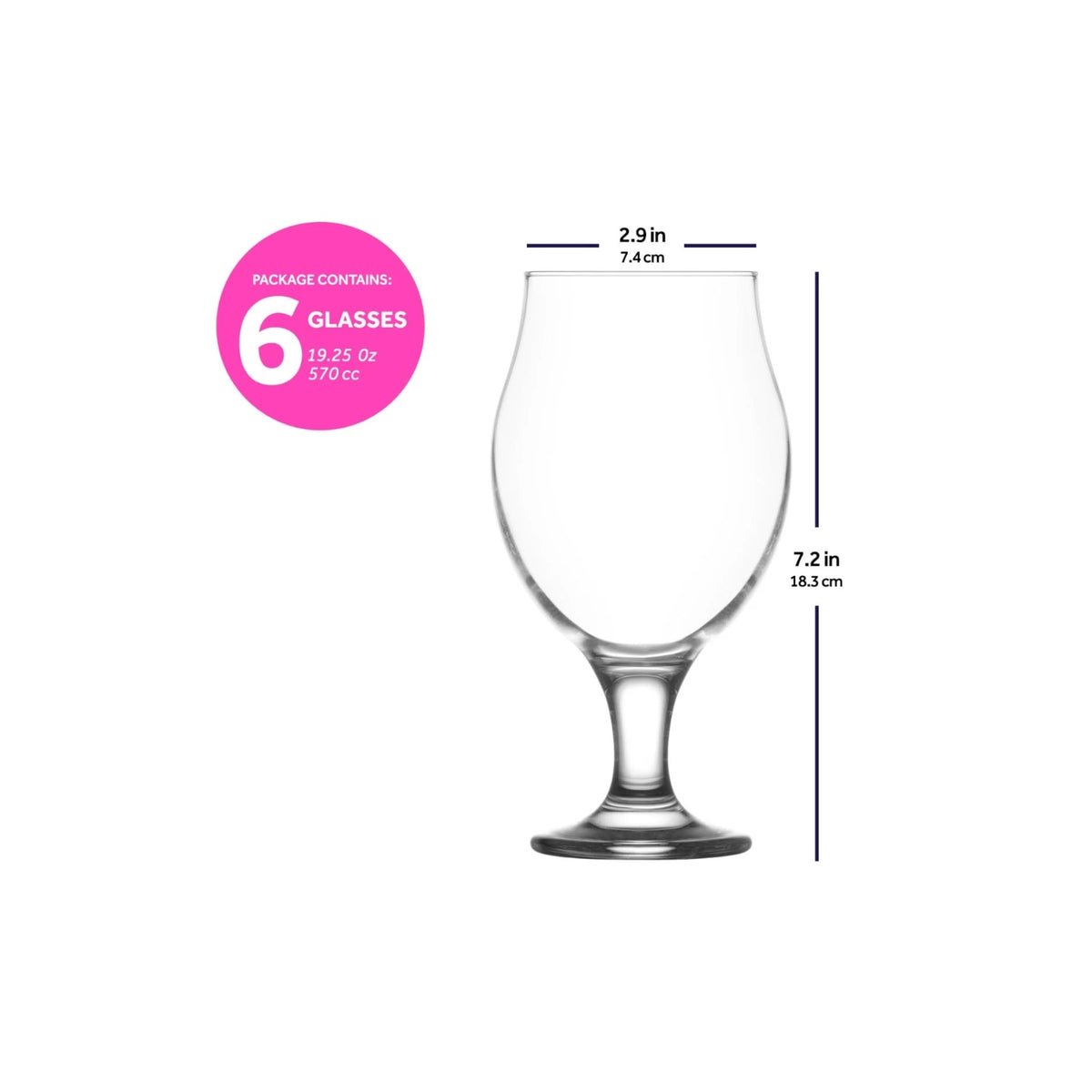 LAV Angelina beer glass dimensions, 7.4cm diameter by 18.3cm height, set of 6, 19.25oz/570cc