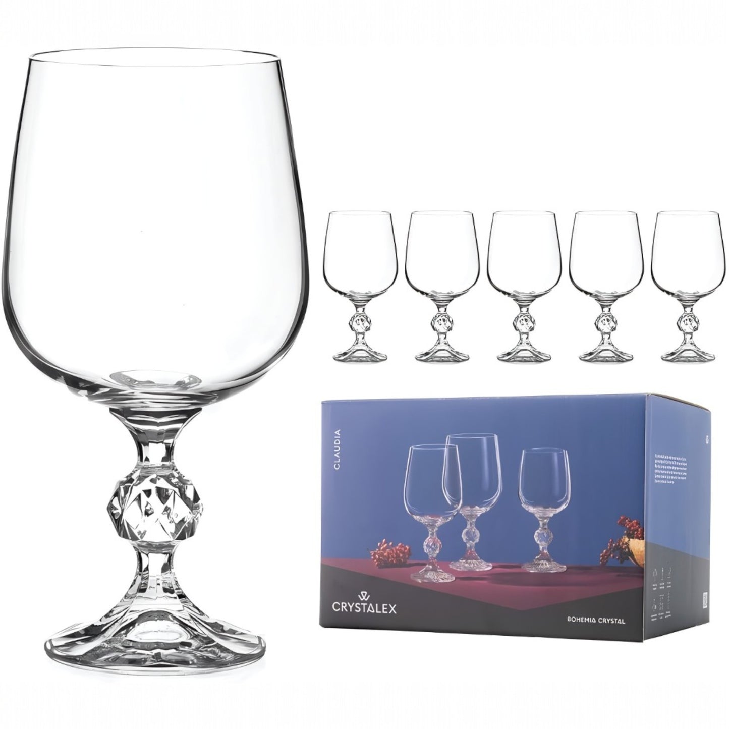 Clear wine glass with Crystalex packaging in the background