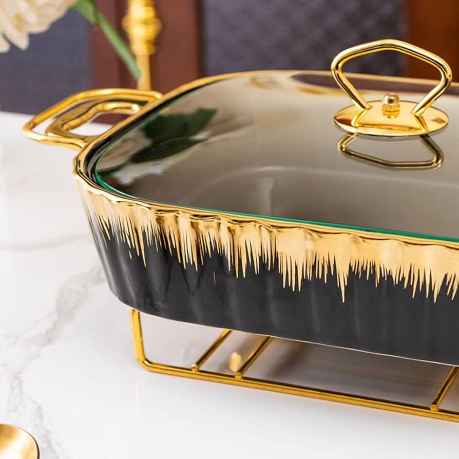 Ceramic Chafing Dish with Gold Stand & Glass Lid