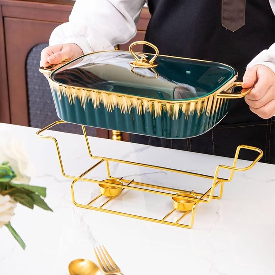 Ceramic Chafing Dish with Gold Stand & Glass Lid