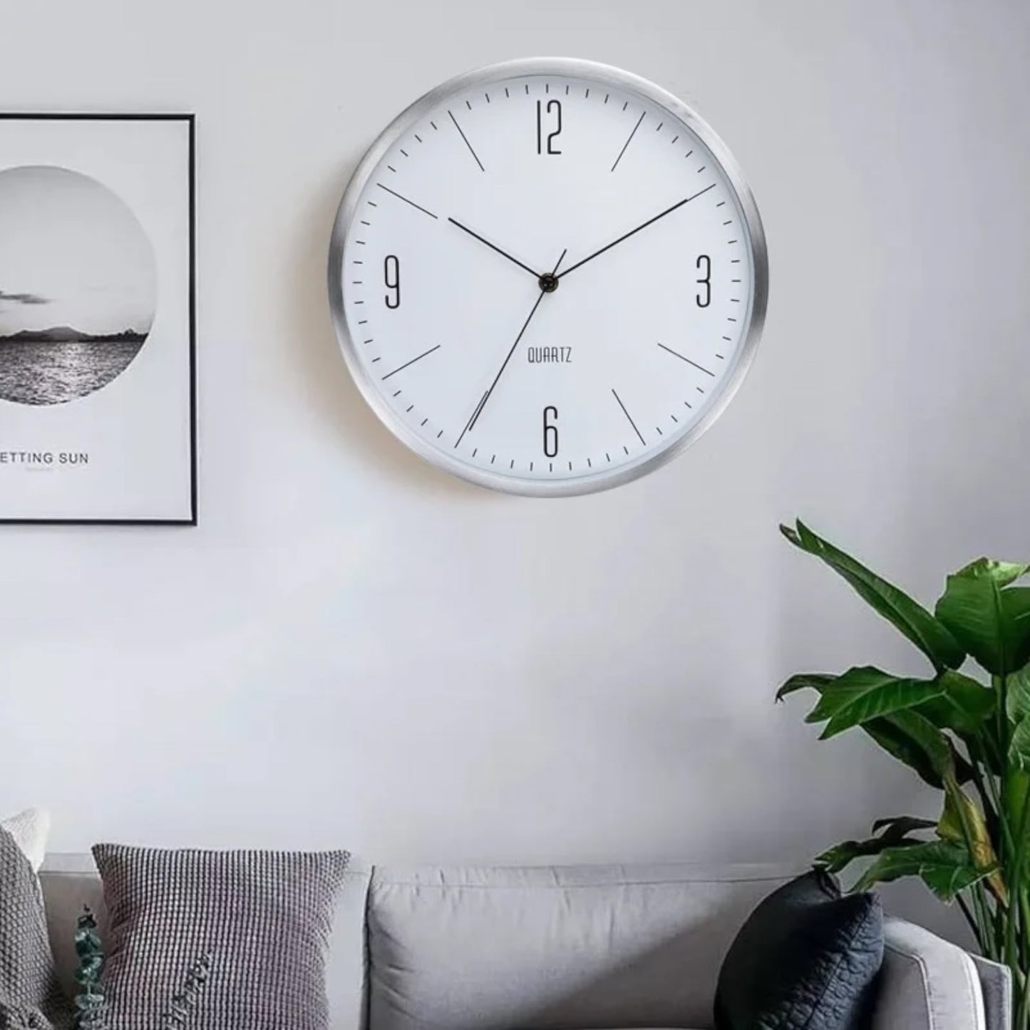 12-Inch Minimalist Wall Clock – Silent Quartz Movement - Silver Bezel