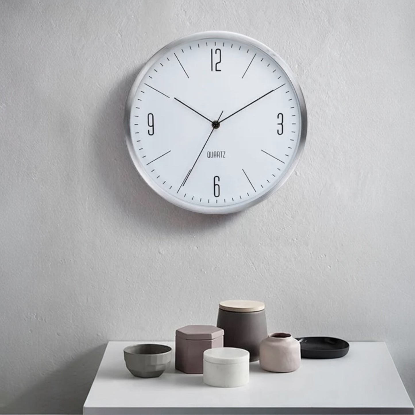 12-Inch Minimalist Wall Clock – Silent Quartz Movement - Silver Bezel