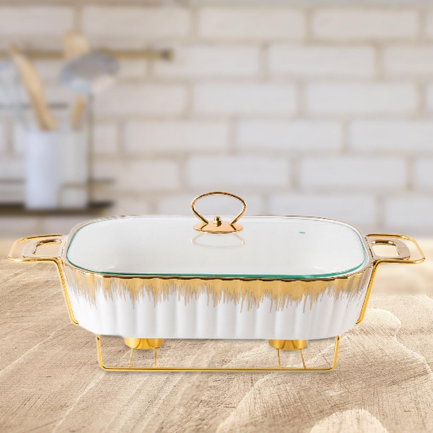 Ceramic Chafing Dish with Gold Stand & Glass Lid