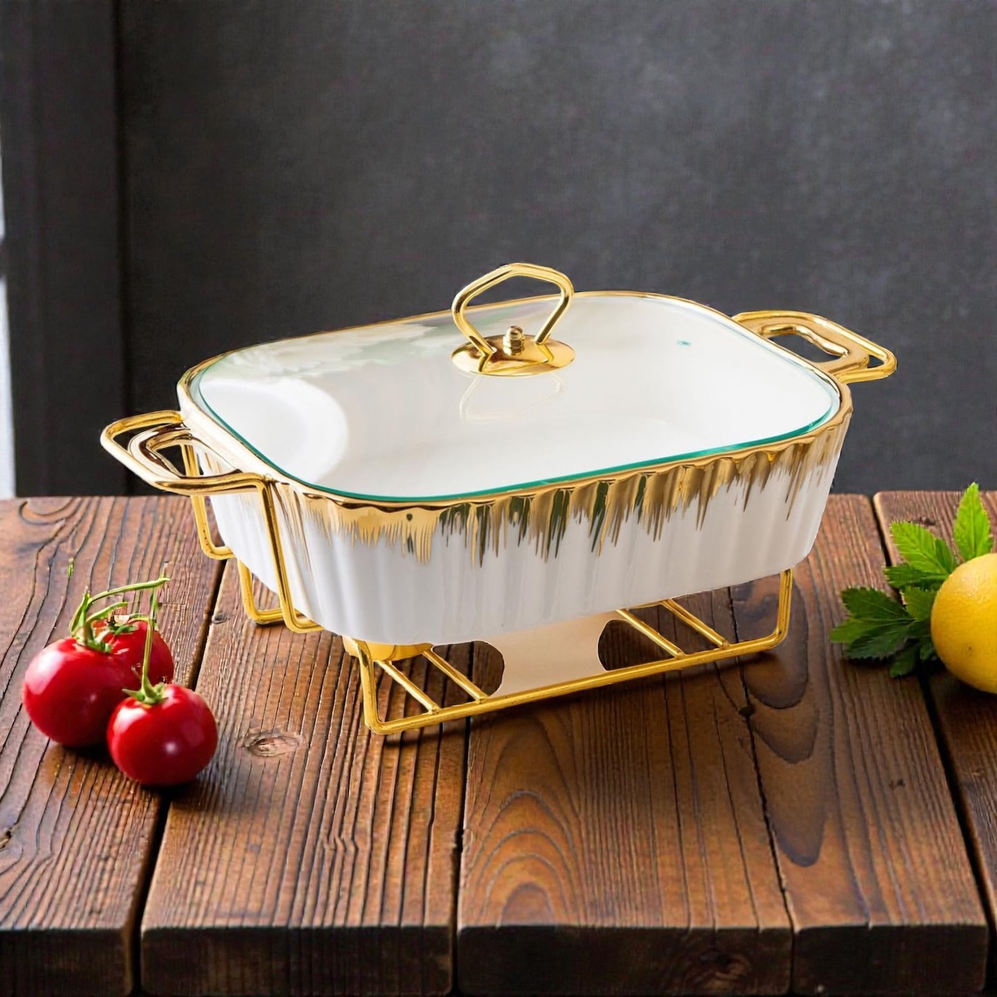 Ceramic Chafing Dish with Gold Stand & Glass Lid