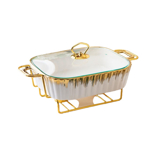 Ceramic Chafing Dish with Gold Stand & Glass Lid