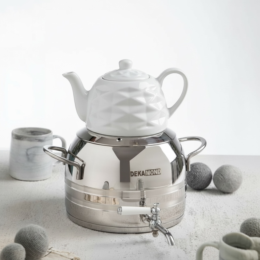 Dekamond Stainless Steel Samovar Kettle with Ceramic Teapot & Tap — 6 Litre