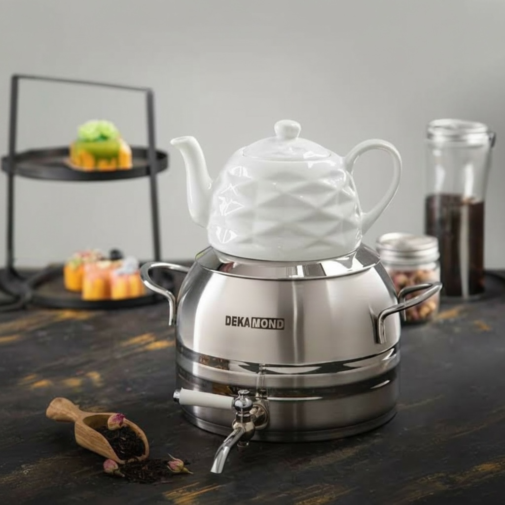 Dekamond Stainless Steel Samovar Kettle with Ceramic Teapot & Tap — 6 Litre