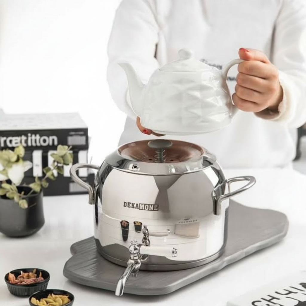 Dekamond Stainless Steel Samovar Kettle with Ceramic Teapot & Tap — 6 Litre