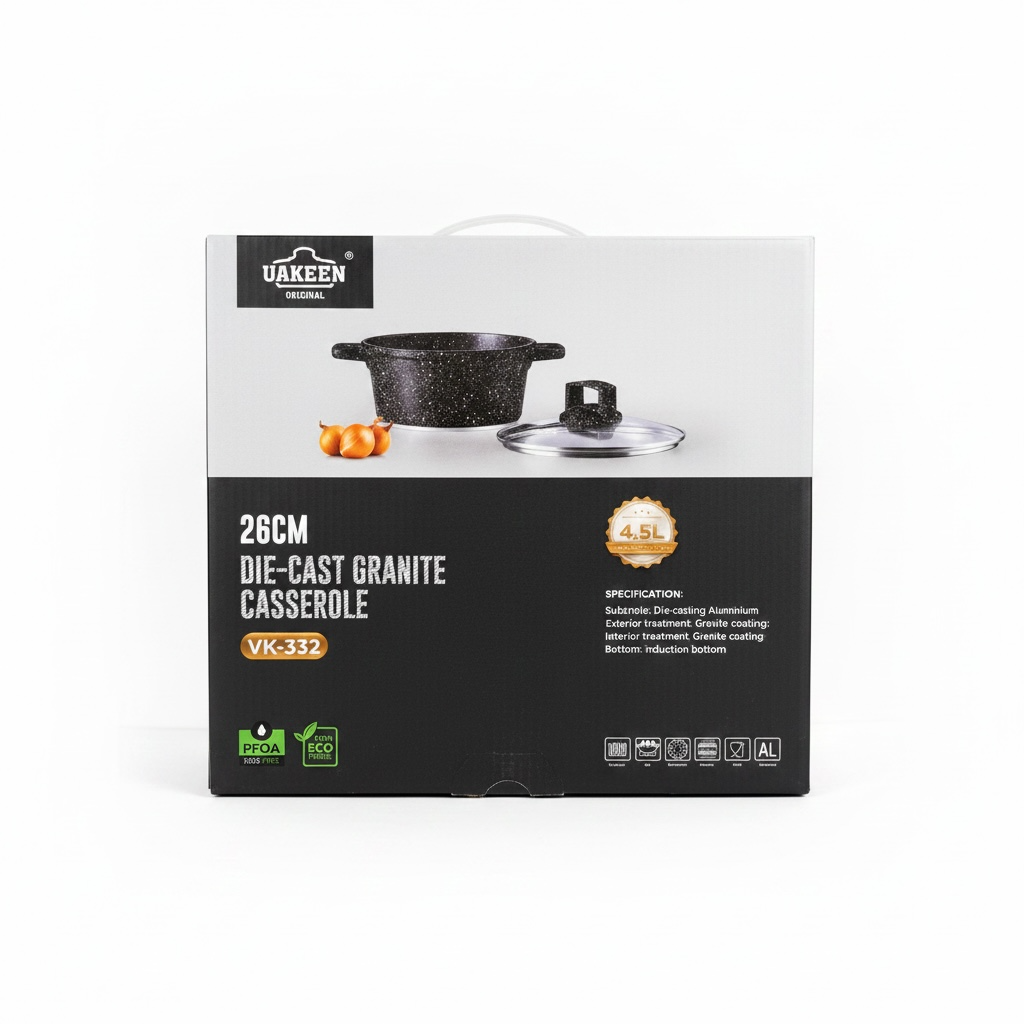 Uakeen Die-Cast Granite Non-Stick Casserole Pot with Glass Lid — 26cm | 5.4L