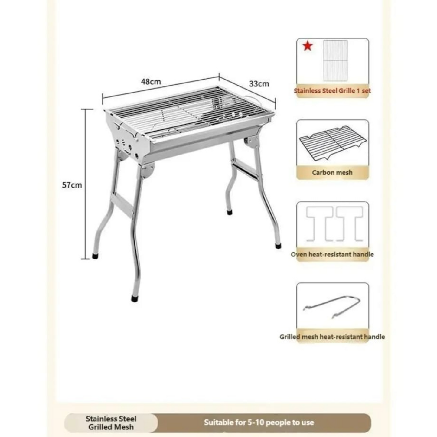 Large Stainless Steel Folding Charcoal BBQ Grill — 48cm | Serves 5–15 | IKIDO