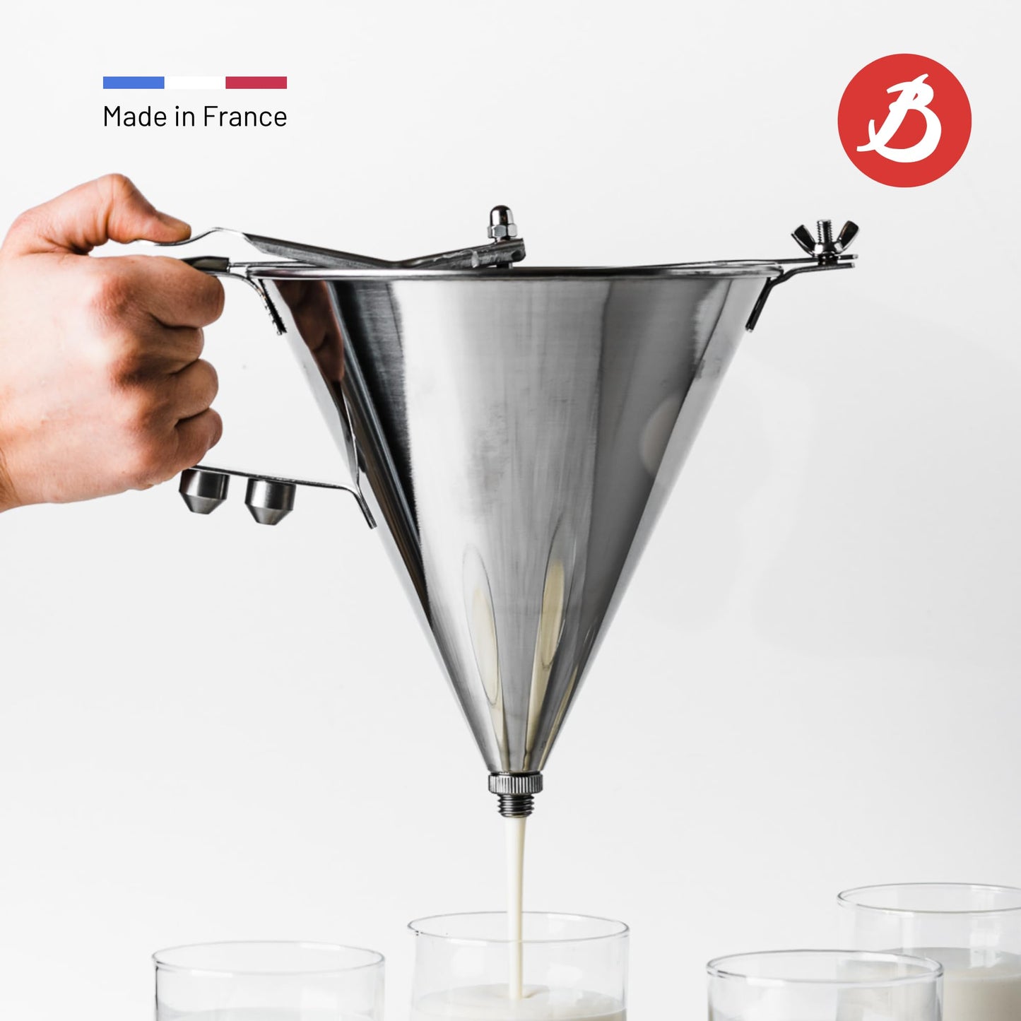 Kwik Pro Piston Funnel with Stand – Stainless Steel, 2 Qt, 3 Nozzles - deBuyer