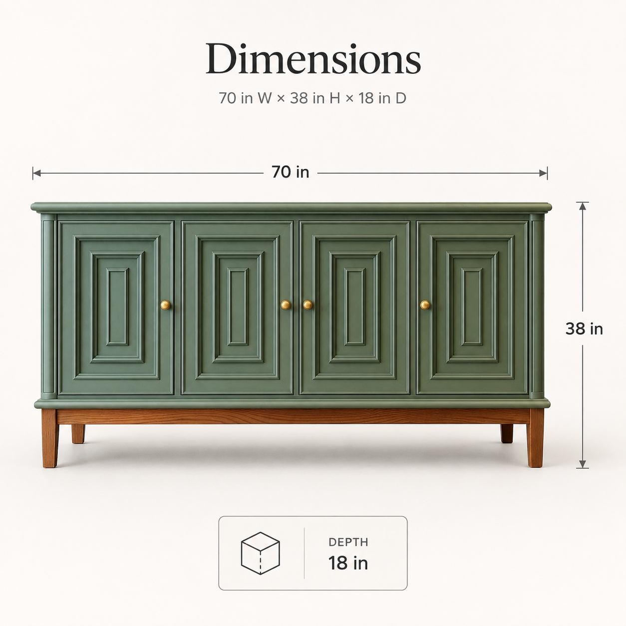Sage Green Accent Cabinet – 70" Solid Pine 4-Door Sideboard with Brass Knobs
