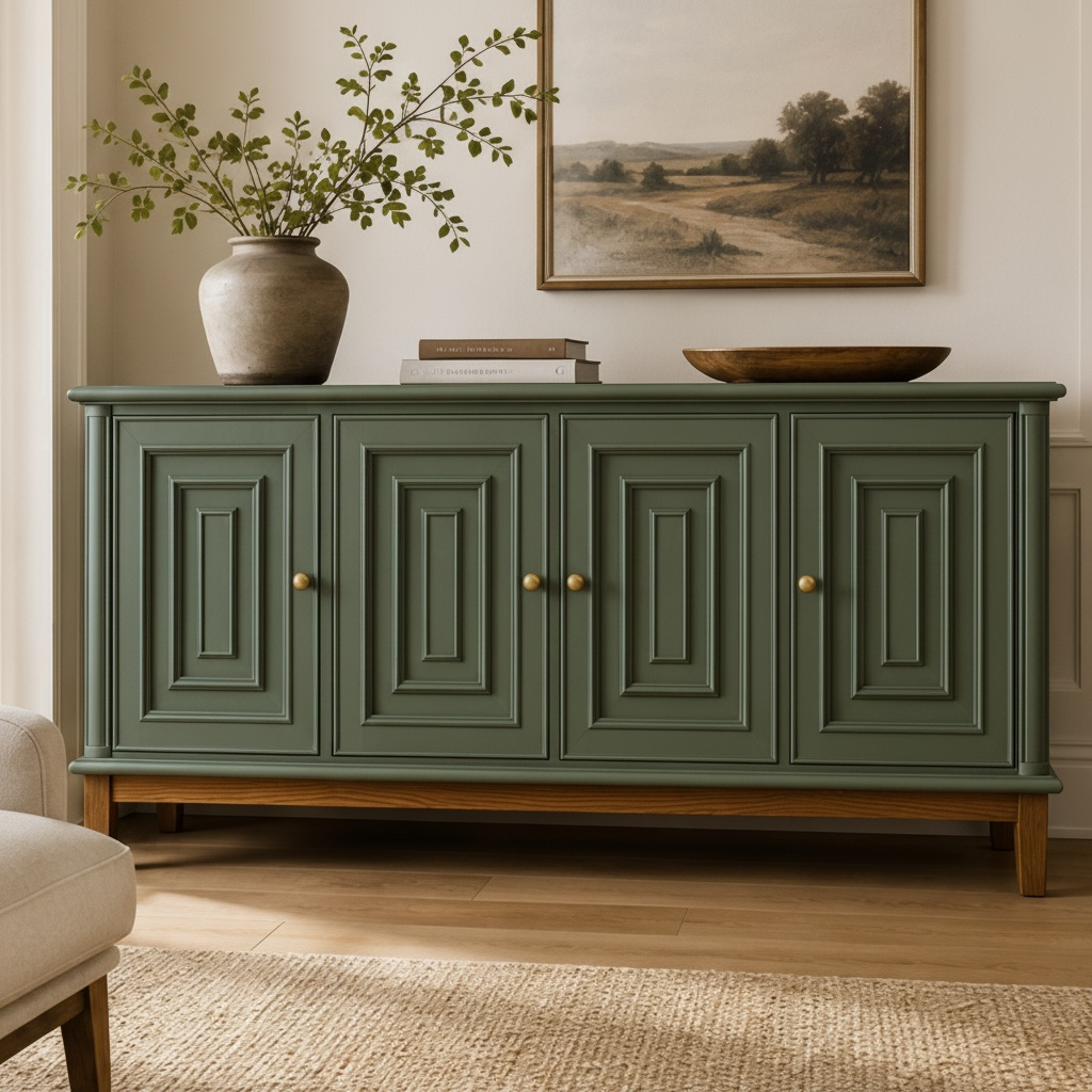Sage Green Accent Cabinet – 70" Solid Pine 4-Door Sideboard with Brass Knobs