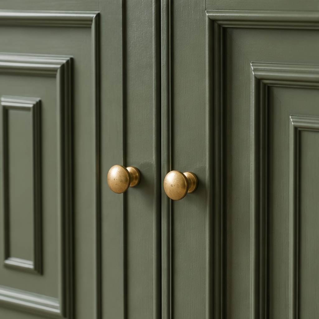 Sage Green Accent Cabinet – 70" Solid Pine 4-Door Sideboard with Brass Knobs