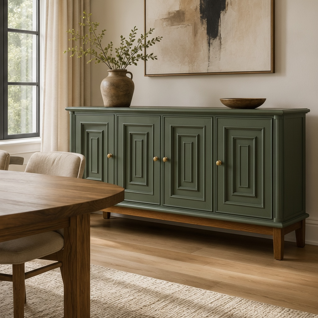 Sage Green Accent Cabinet – 70" Solid Pine 4-Door Sideboard with Brass Knobs