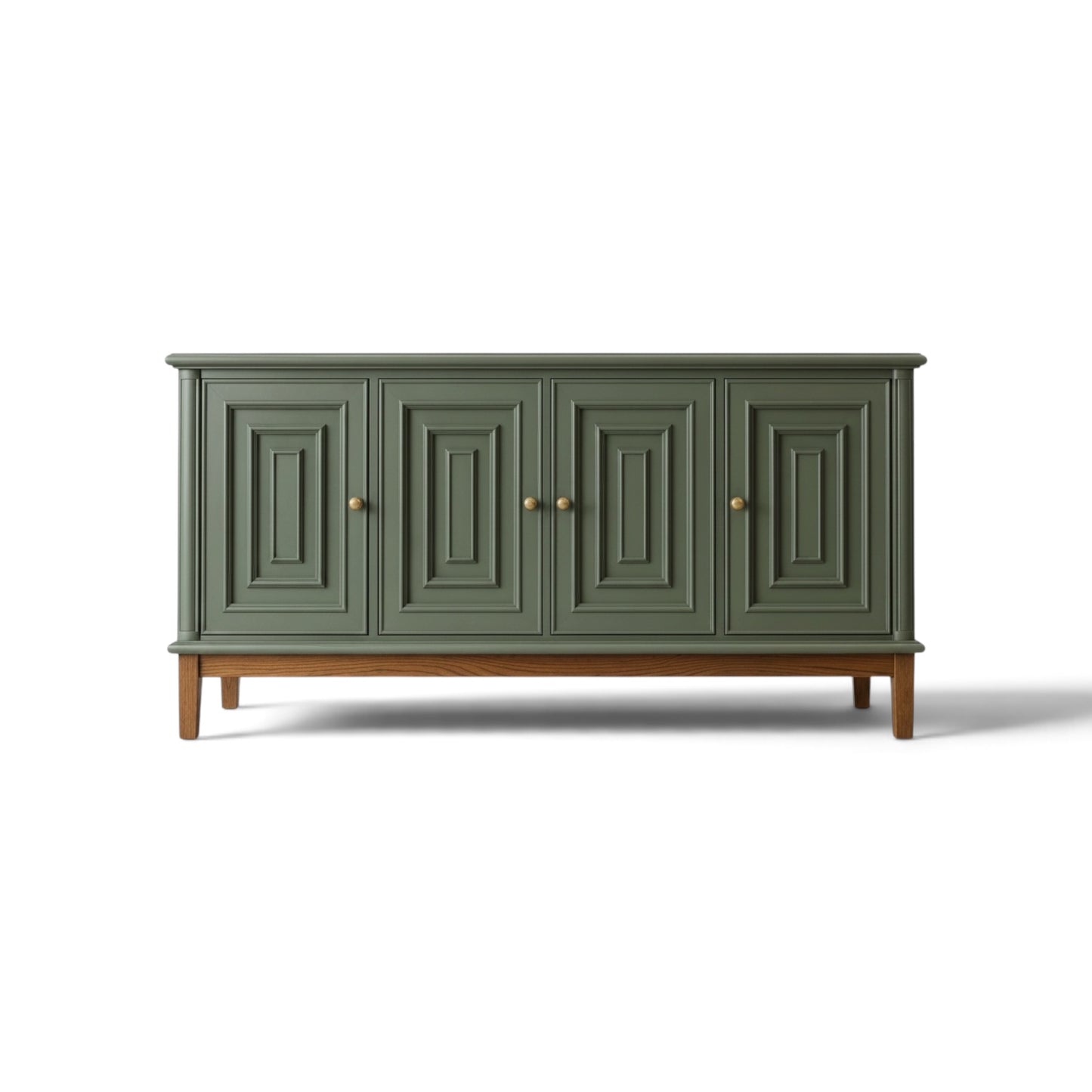 Sage Green Accent Cabinet – 70" Solid Pine 4-Door Sideboard with Brass Knobs