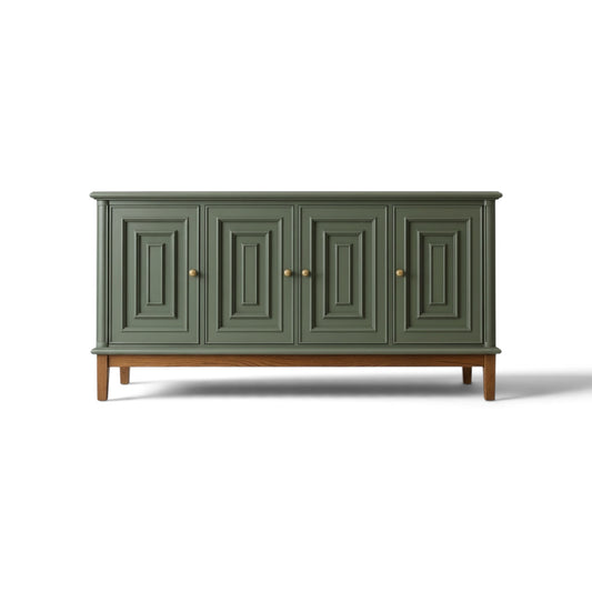 Sage Green Accent Cabinet – 70" Solid Pine 4-Door Sideboard with Brass Knobs