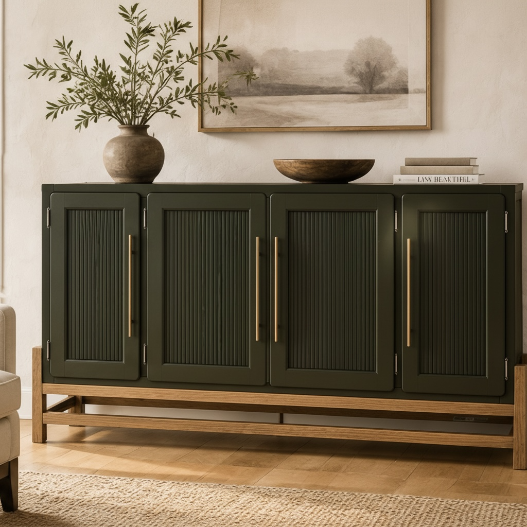 Olive Green Fluted Accent Cabinet – 65" Solid Pine 4-Door Sideboard, Brass Pulls