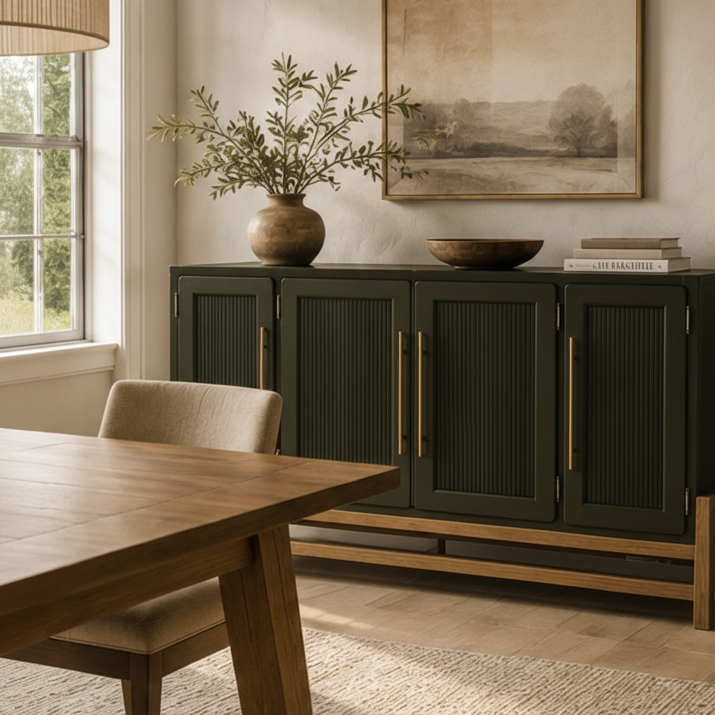 Olive Green Fluted Accent Cabinet – 65" Solid Pine 4-Door Sideboard, Brass Pulls