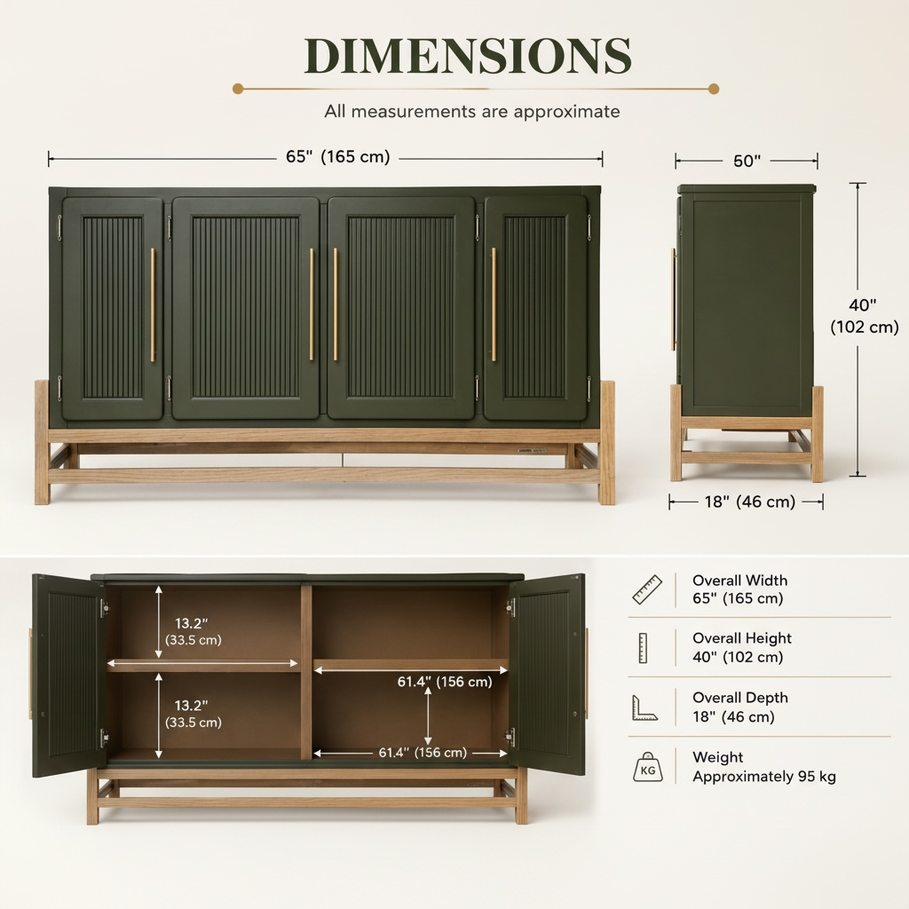 Olive Green Fluted Accent Cabinet – 65" Solid Pine 4-Door Sideboard, Brass Pulls