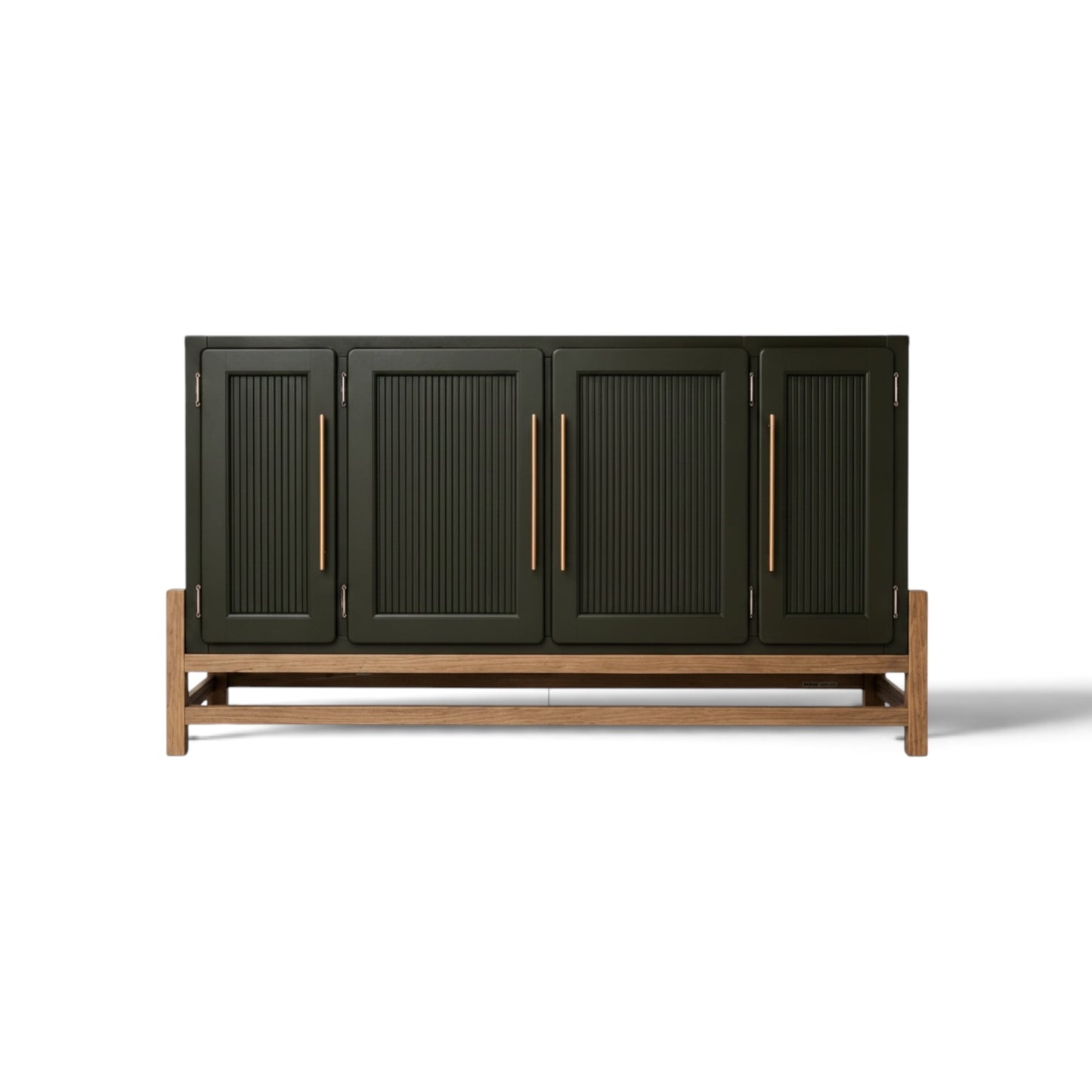 Olive Green Fluted Accent Cabinet – 65" Solid Pine 4-Door Sideboard, Brass Pulls