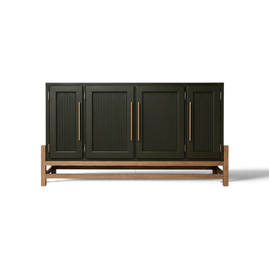 Olive Green Fluted Accent Cabinet – 65" Solid Pine 4-Door Sideboard, Brass Pulls