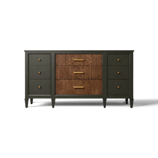 Charcoal & Fluted Wood 9-Drawer Accent Cabinet – 70" Solid Pine Sideboard