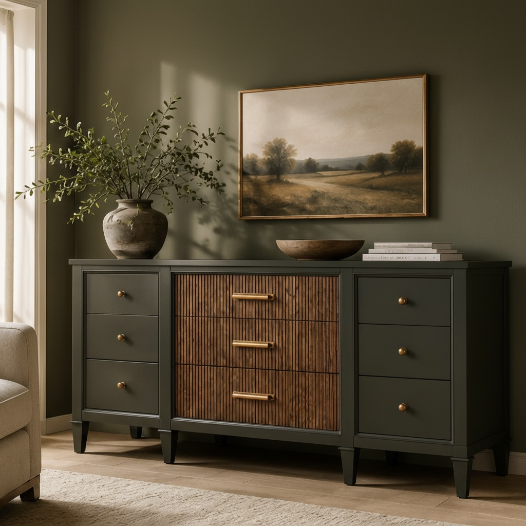 Charcoal & Fluted Wood 9-Drawer Accent Cabinet – 70" Solid Pine Sideboard