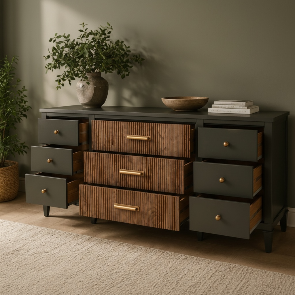 Charcoal & Fluted Wood 9-Drawer Accent Cabinet – 70" Solid Pine Sideboard