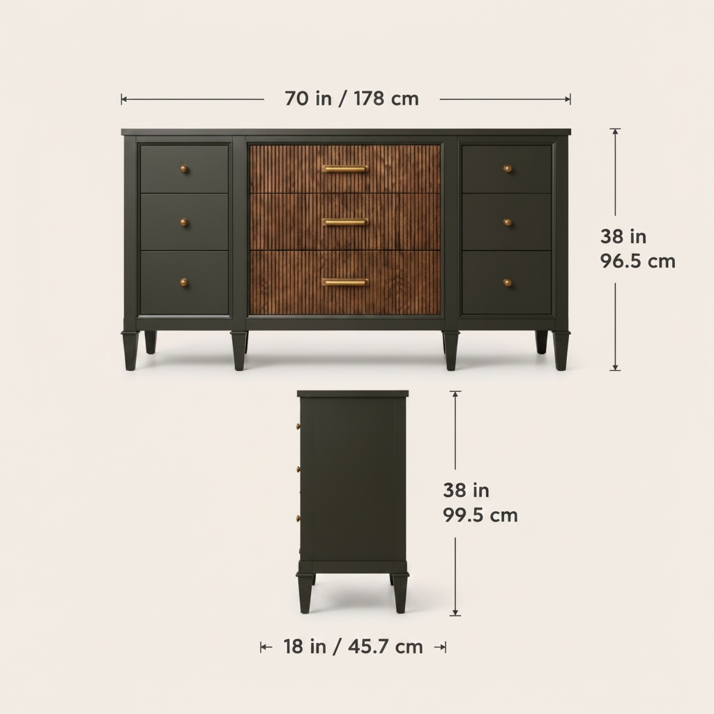 Charcoal & Fluted Wood 9-Drawer Accent Cabinet – 70" Solid Pine Sideboard