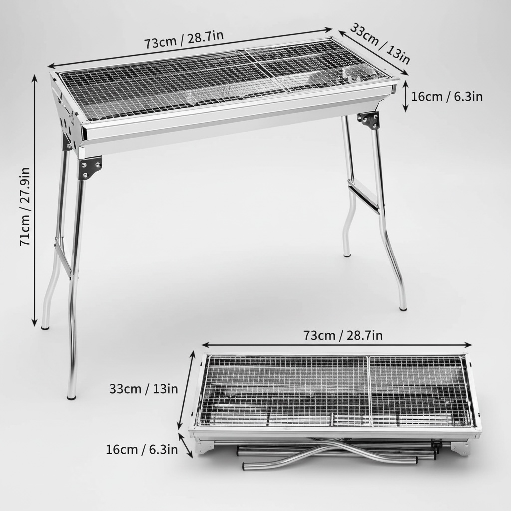Large Portable Folding Charcoal BBQ Grill – Stainless Steel with Carry Bag, 73cm