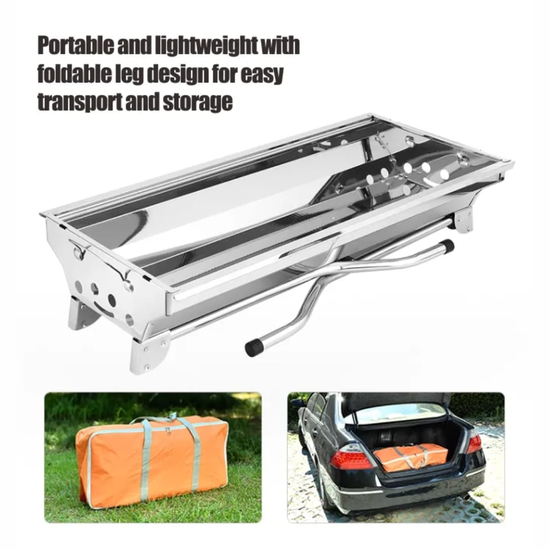 Large Portable Folding Charcoal BBQ Grill – Stainless Steel with Carry Bag, 73cm