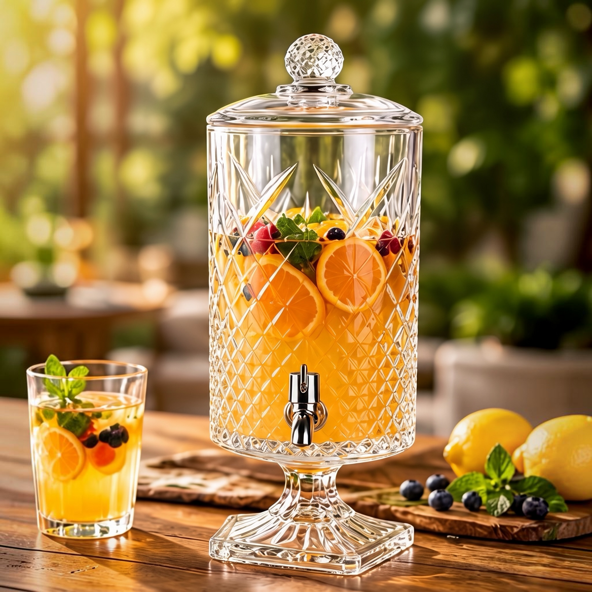 Artika Rockland 4.5L diamond-cut glass beverage dispenser filled with infused water, outdoor table setting