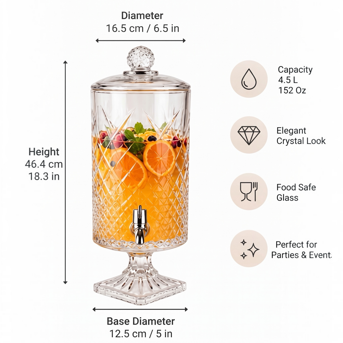 Artika Rockland 4.5L glass dispenser dimensions and features, 152oz capacity, food safe glass