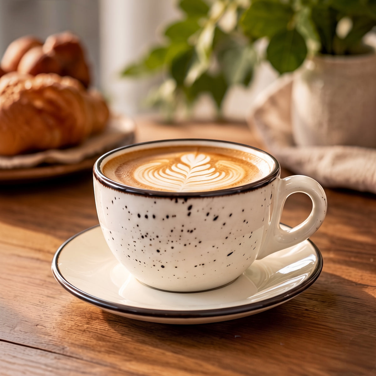 Terra Charcoal speckled stoneware cup and saucer with latte, lifestyle table setting