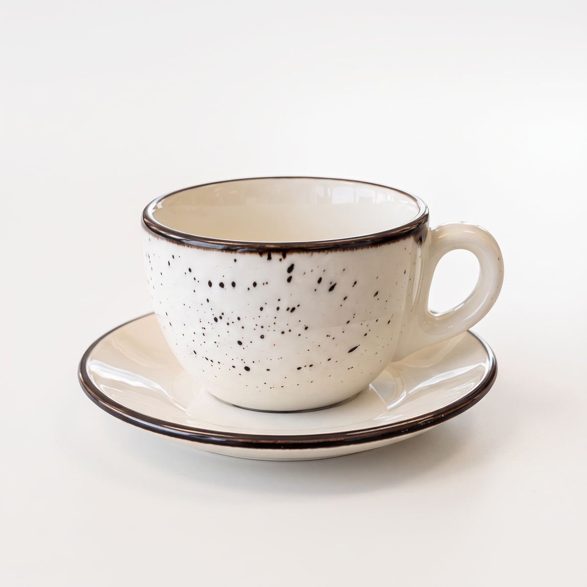 Terra Charcoal speckled stoneware cup and saucer, empty, white background