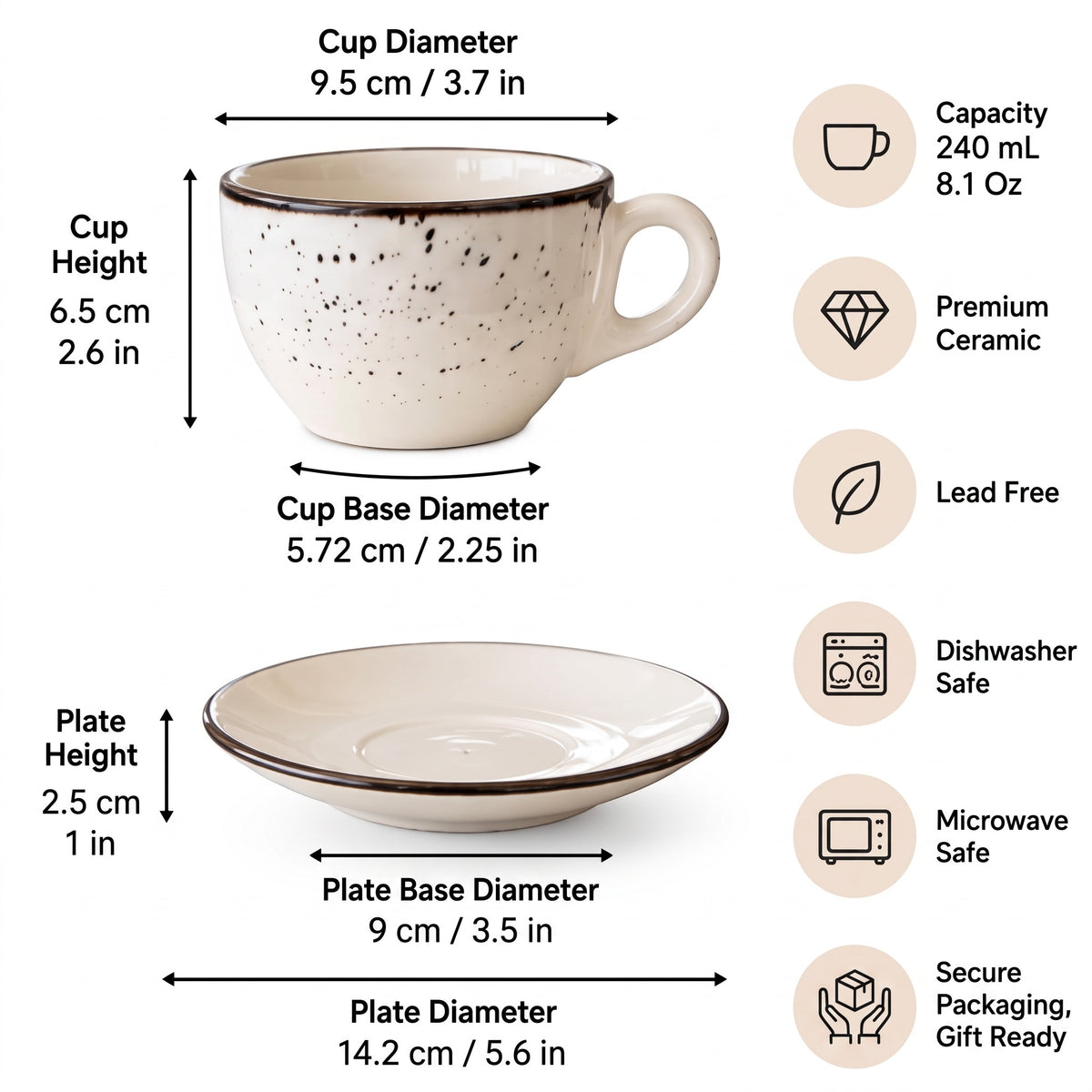 Terra Charcoal cup and saucer dimensions, 240ml capacity, dishwasher and microwave safe