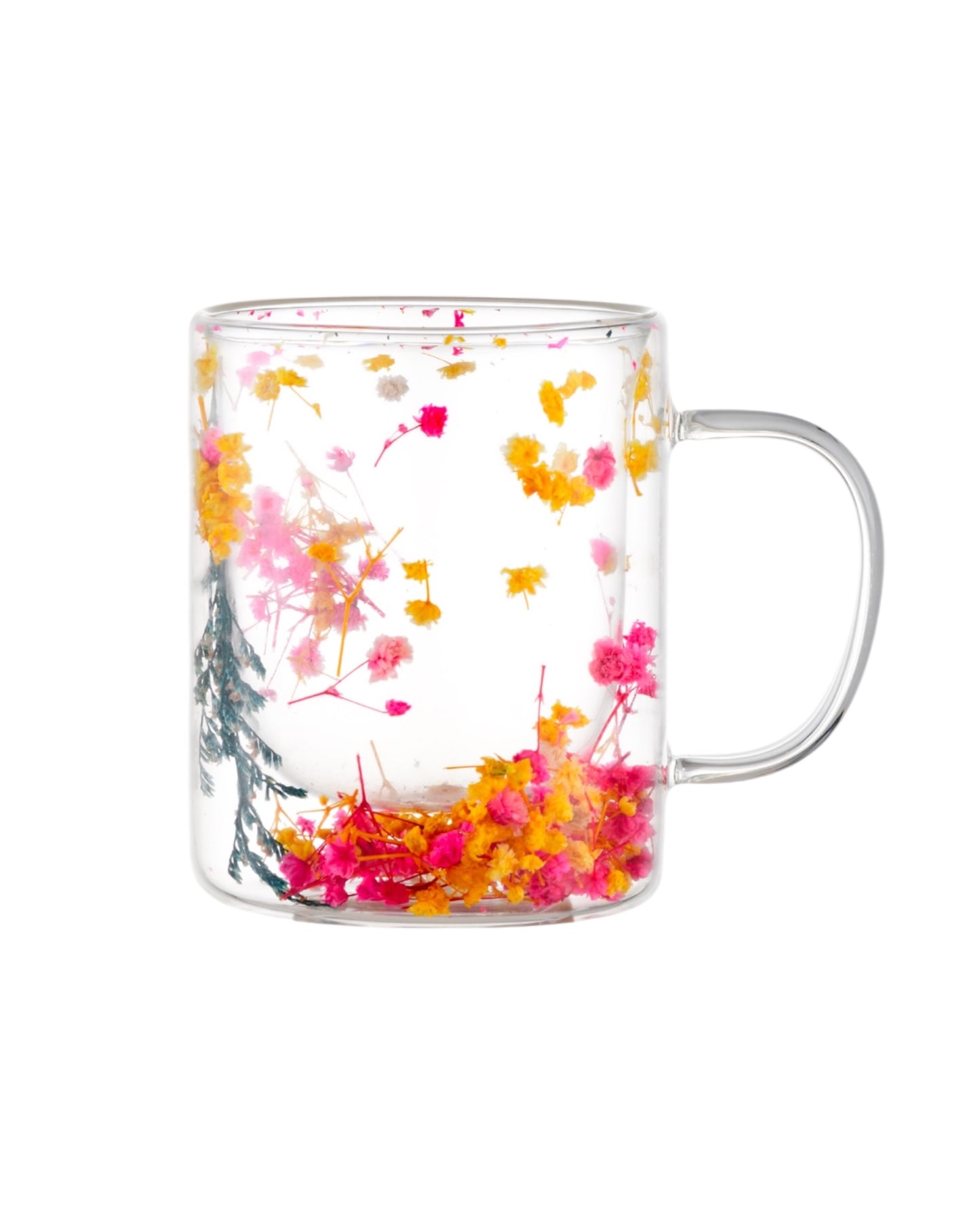 IKIDO 8.35 oz Double Wall Insulated Glass Coffee Mug with Handle & Flower - 1piece