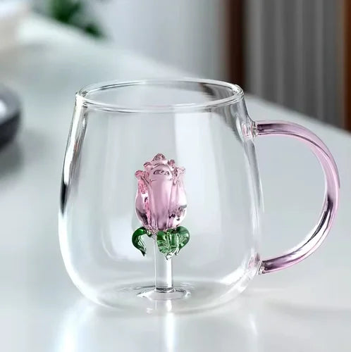 Clear Glass Mug with 3D Rose Flower Design 13.5 oz – Heat Resistant Tea & Coffee Cup - 1Piece