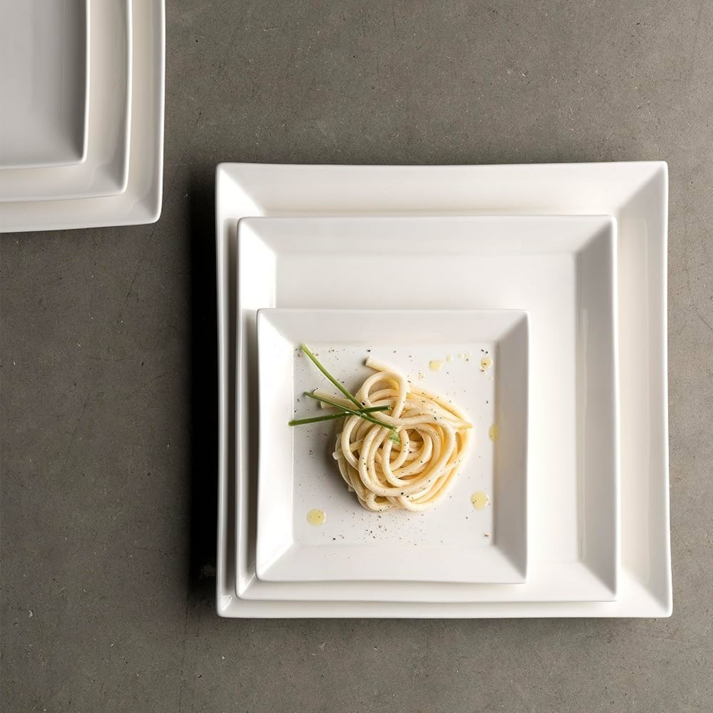 Square Wide Rim Porcelain Plates 6”, 8.5”, 10” - Palm Foundation - 12 Pieces