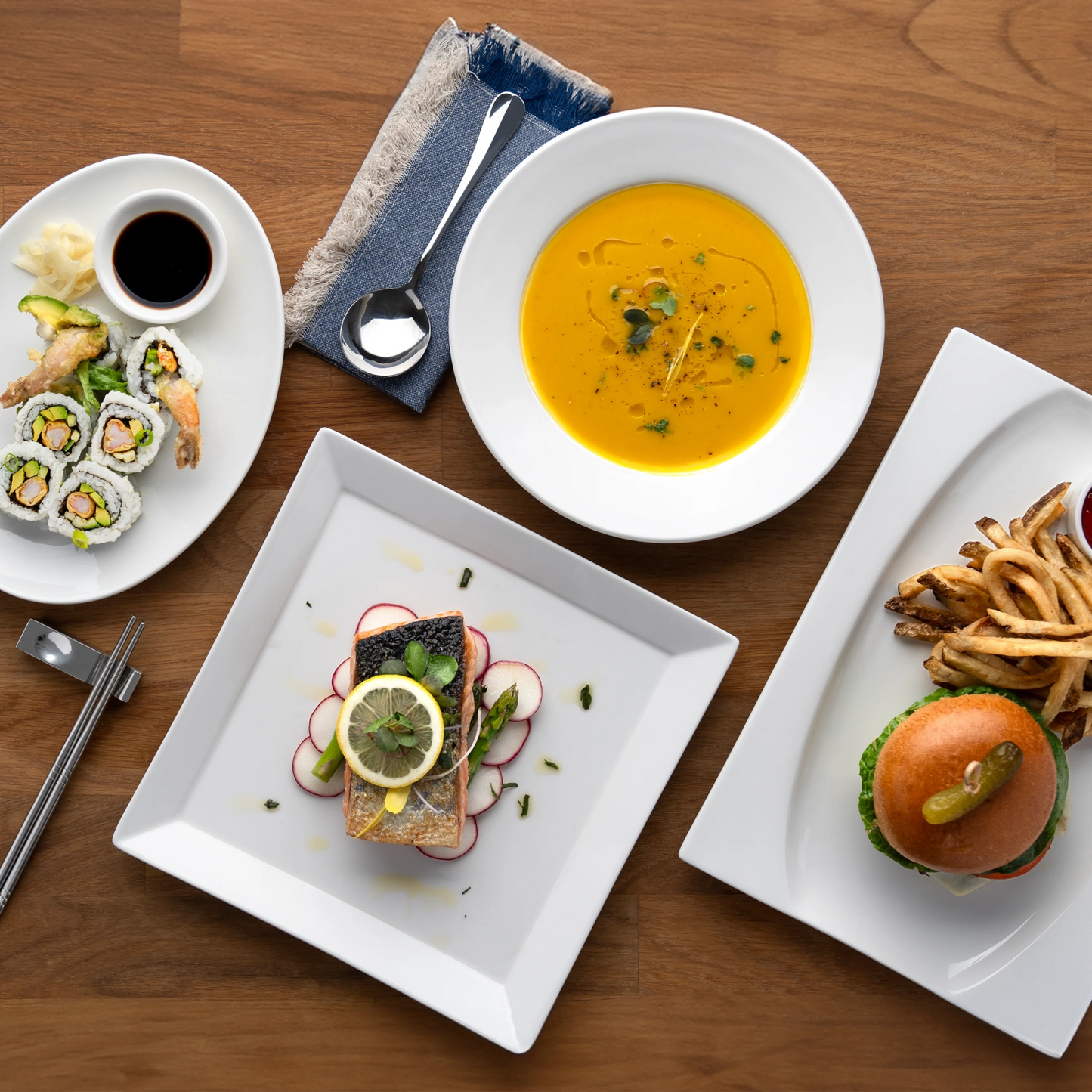 Square Wide Rim Porcelain Plates 6”, 8.5”, 10” - Palm Foundation - 12 Pieces