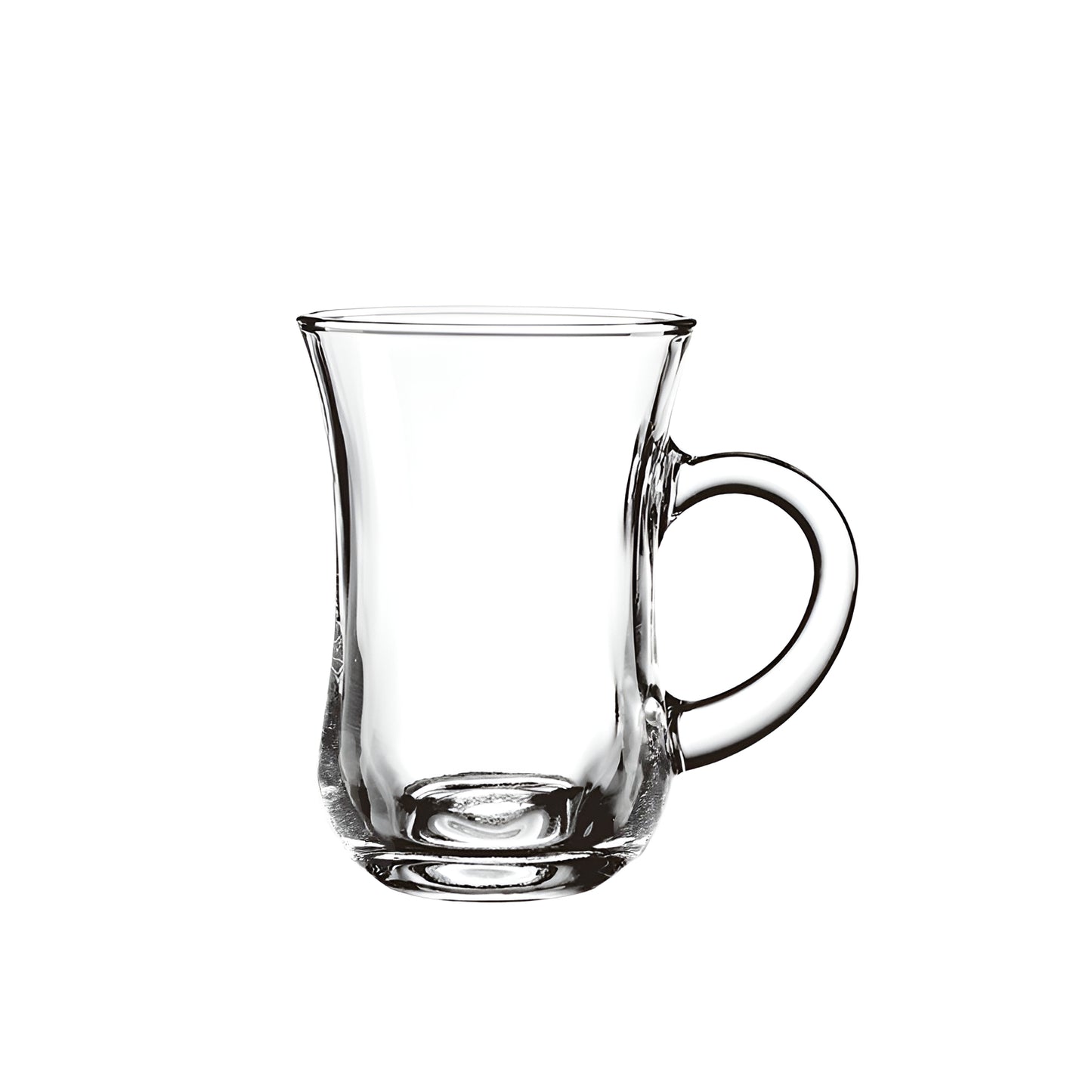 Clear glass mug with handle on a white background