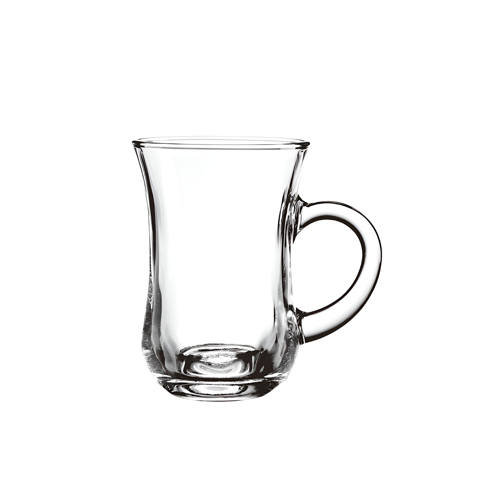 Clear glass mug with handle on a white background