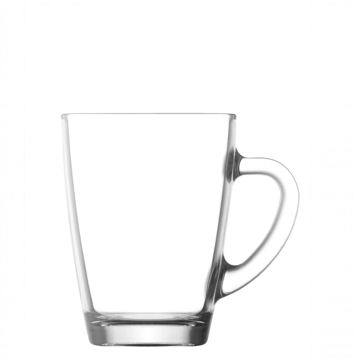 A clear glass coffee mug with a curved handle, shown on a solid white background.